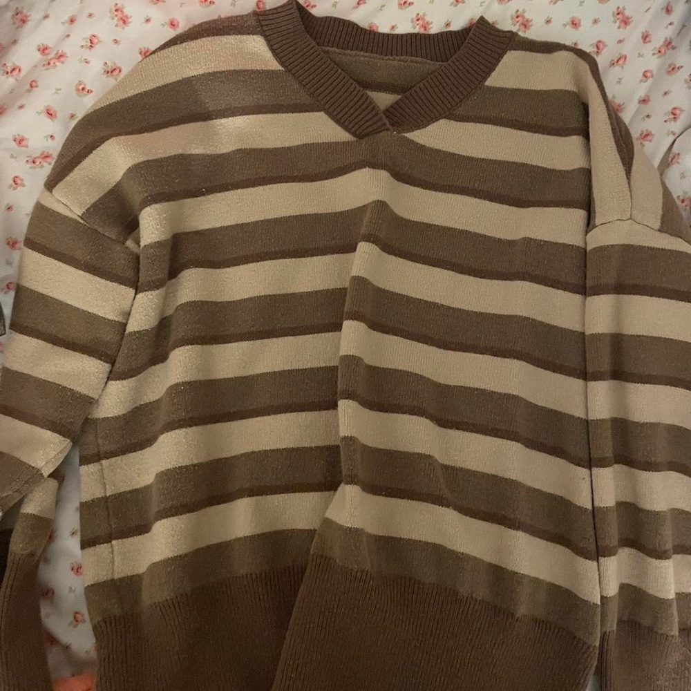 SHEIN Brown and Tan V-Neck Striped Sweater